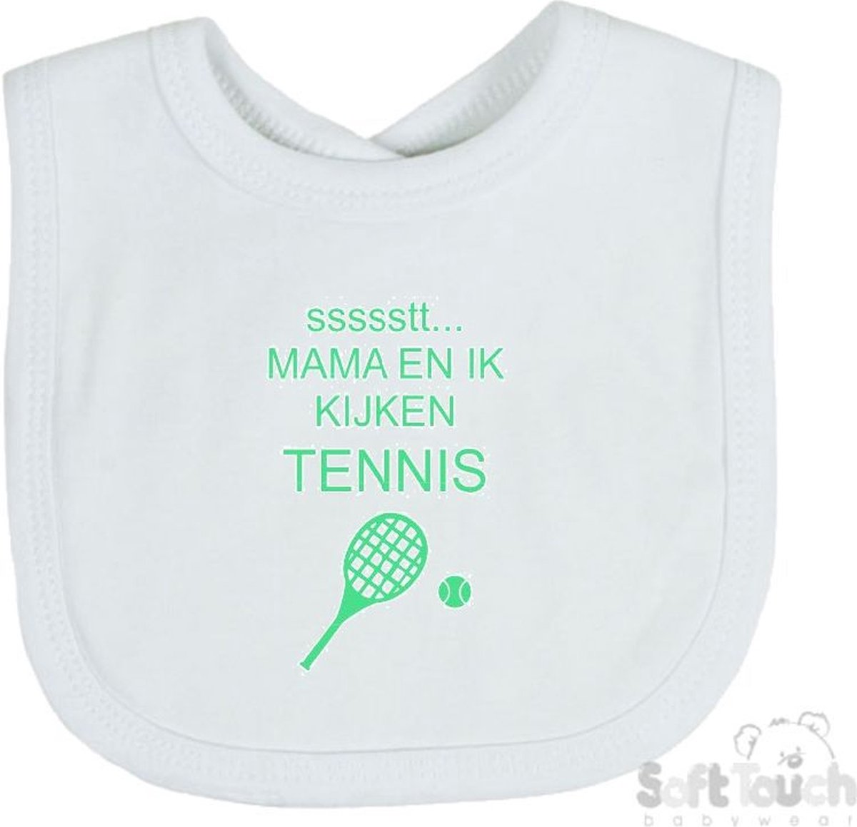 Goedkoopste Soft Touch Slabber Slabbetje Slab ssssstt... Mama en ik kijken tennis Unisex Katoen Wit/mint Maat 33x22 Cm