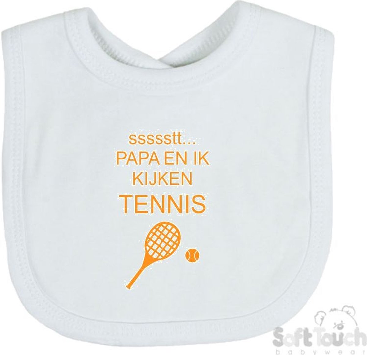 Goedkoopste Soft Touch Slabber Slabbetje Slab ssssstt... Papa en ik kijken tennis Unisex Katoen Wit/mosterd Maat 33x22 Cm