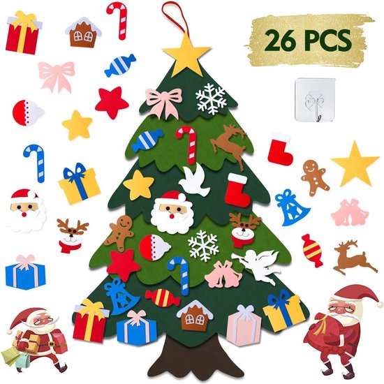 Doe-het-zelf kerstboom, 100 cm hoog vilt kerstboomset editie 27 stuks ornamenten wanddecoratie voor kinderen, kerstcadeau, kerstspel, huisdeur, wanddecoratie