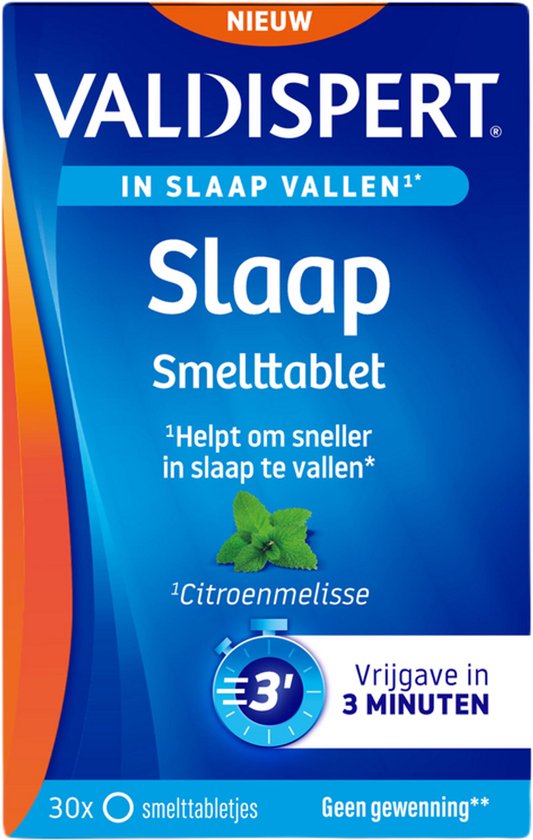 Valdispert Slaap Smelttablet met citroenmelisse. Helpt om sneller in slaap te vallen. Vrijgave in 3 minuten.