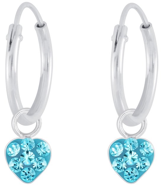 Joy|S - Zilveren hartje bedel oorbellen - oorringen met hartje - blauw kristal