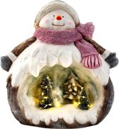 Kristmar Bonhomme de neige - Figurine de Noël avec sapins de Noël - Figurine Kestdorp avec éclairage LED- Ø32xH37,5 cm - Magnésie - Marron/ Wit