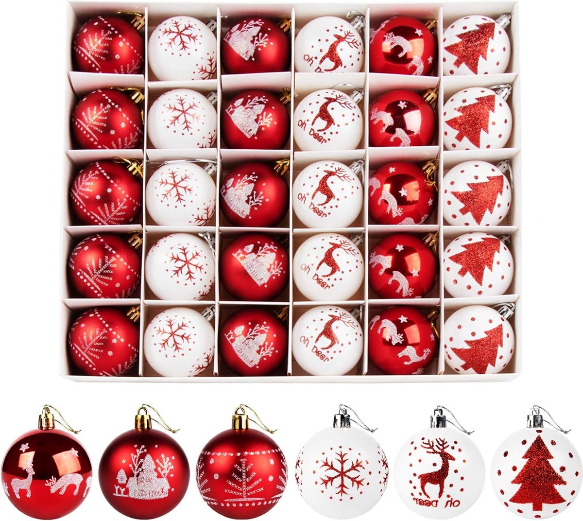 Set van 30 rode en witte plastic kerstballen van 6 cm elk, ideaal voor traditionele kerstboomdecoratie.