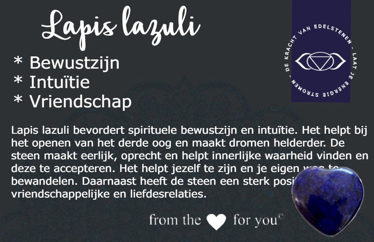 Edelsteen Lapis Lazuli hart - 2cm groot - vriendschap / relatie steen - mét betekeniskaartje - leuk om cadeau te geven - in cellofaan cadeau verpakking