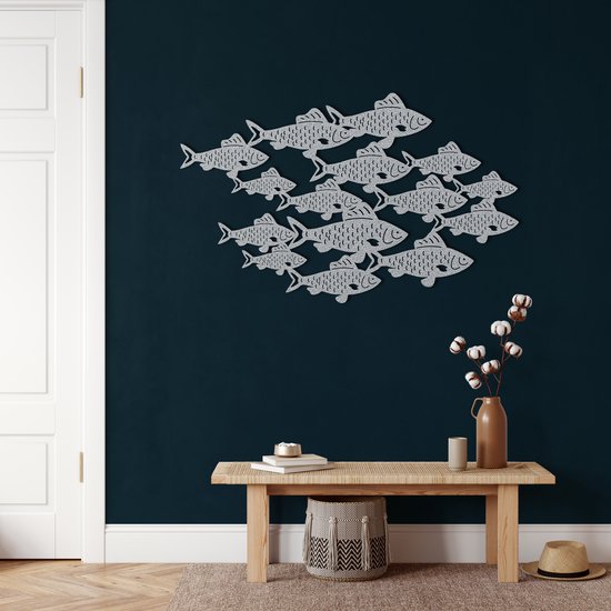 Wanddecoratie | Vissen Ondiepte / Fish Shoal | Metal - Wall Art | Muurdecoratie | Woonkamer | Buiten Decor |Zilver| 45x28cm