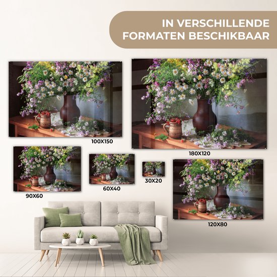 MuchoWow® Glasschilderij 180x120 cm - Schilderij acrylglas - Bloemen - Tafel - Stilleven - Boeket - Vaas - Foto op glas - Muurdecoratie woonkamer - Wanddecoratie slaapkamer - Schilderijen