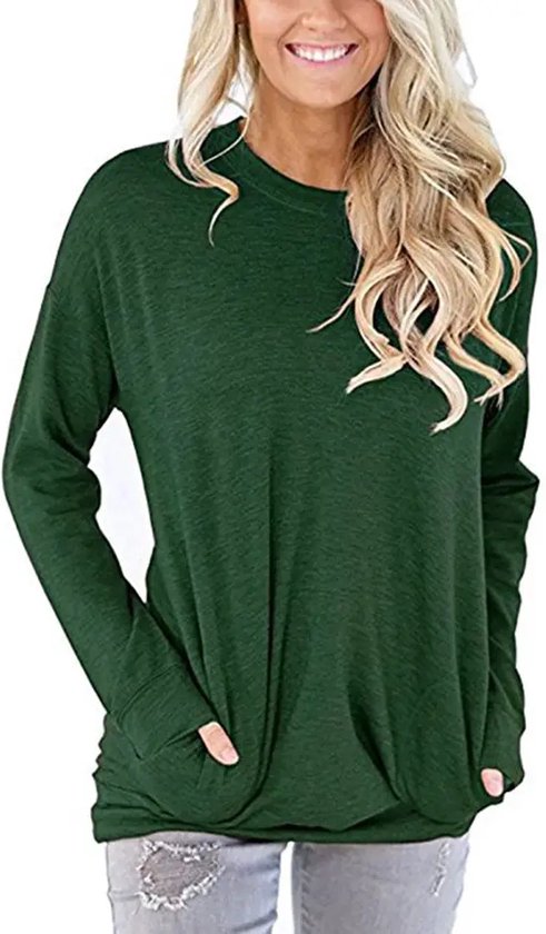 ASTRADAVI Casual Wear - Dames O-Hals Sweater - Trendy Trui met 2 Zakken - Groen / 2X-Large