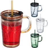 Relaxdays drinkglazen met handvat - set van 4 - limonadeglazen - 4 kleuren - deksel - glas