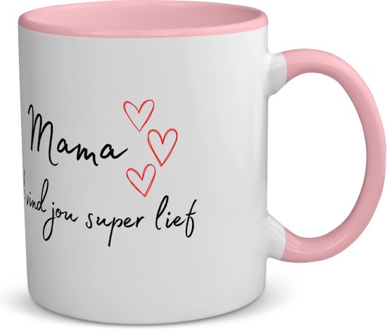 Mug blanc avec anse et intérieur rose. Texte 'Mama ik vind jou super lief' avec des cœurs rouges.