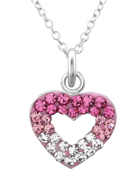 Joy|S - Zilveren hartje hanger met ketting 39 cm - kristal roze en wit hartje 11 x 10 mm - voor kinderen