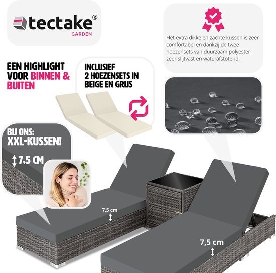 tectake® - 2 luxe wicker ligbedden met tafel - incl. beschermhoes - grijs - ligstoelen - poly-rattan - Tectake