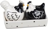 Service sel et poivre avec plateau - coq et poulet - noir blanc or 11x9 cm - décoration de table cadeau avec le sourire - céramique émaillée