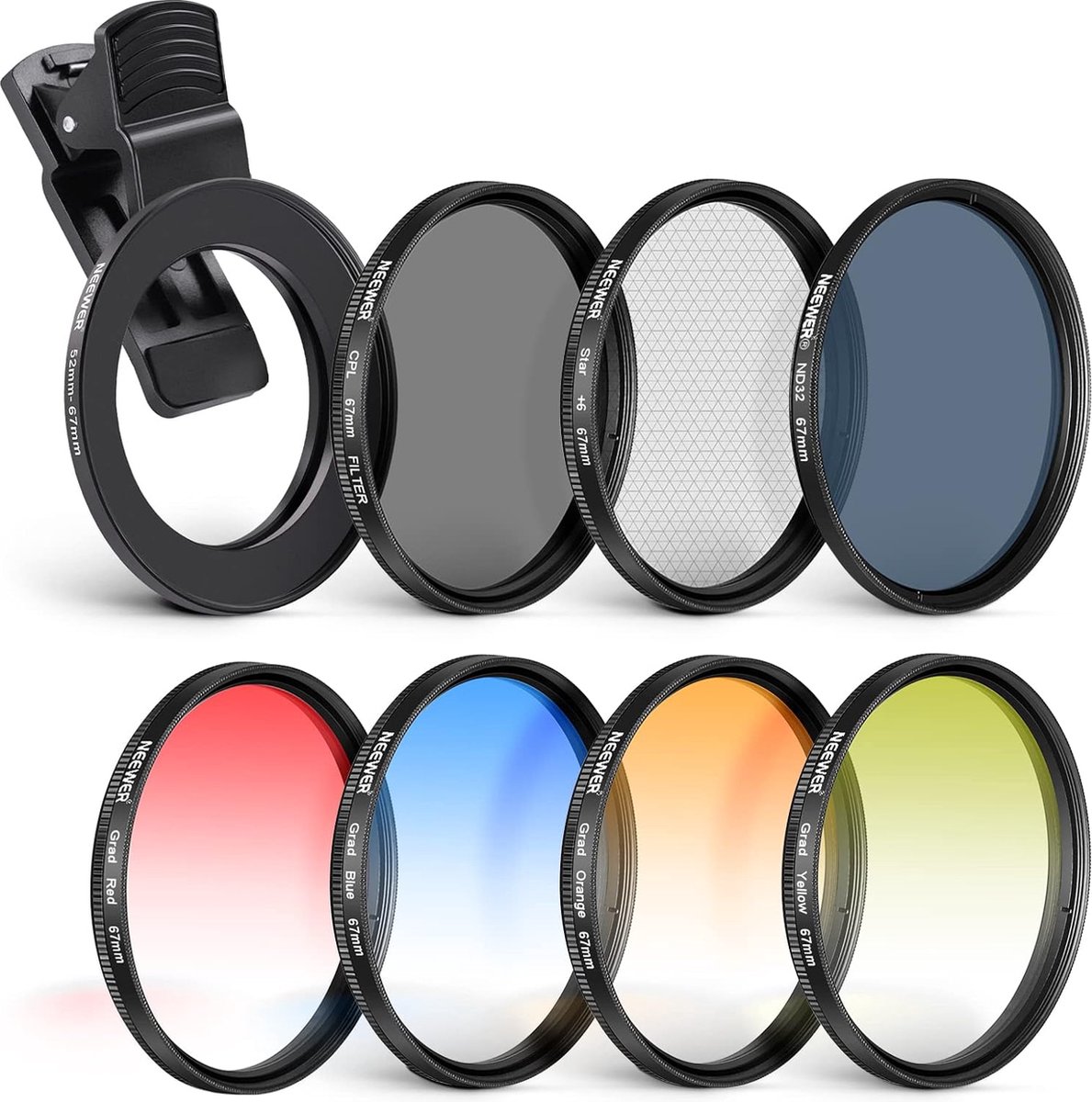 Neewer® - 67mm Lens Filter Set with Mobile Phone Clamp CPL, ND32, 6-Point Star Filter, 4 Graduated Color Filter, Compatible with iPhone 14 Pro Max 13 12 11 X Xs Samsung Huawei Canon Nikon Sony Cameras