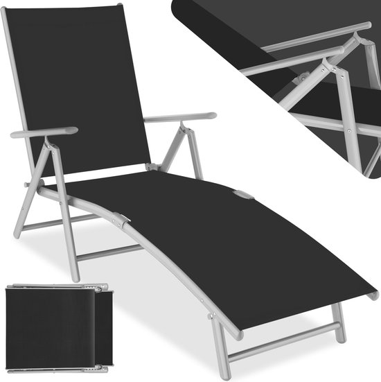 tectake® aluminium ligstoel - ligbed - opklapbare tuinligstoel met armleuningen - verstelbare rugleuning - weerbestendig - ideaal voor balkon, tuin, terras of camping - zwart/zilver