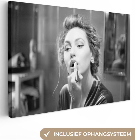 Canvas Schilderij Vrouw - Make up - Vintage - Portret - Zwart wit - 90x60 cm - Wanddecoratie