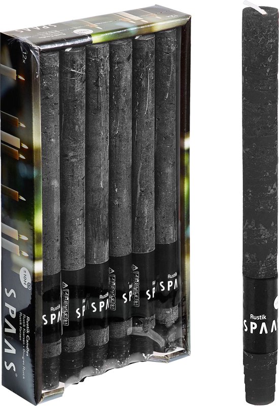 SPAAS Kaarsen - Rustieke kaarsen - Huishoudkaars - 10 branduren - Zwart - 12 stuks - Voordeelverpakking