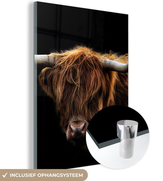 MuchoWow® Peinture sur Verre - Highlander écossais - Cornes - Zwart - Animaux - Nature - Sauvage - Taureau - Vache - 60x80 cm - Peintures sur Verre Peintures - Photo sur Glas
