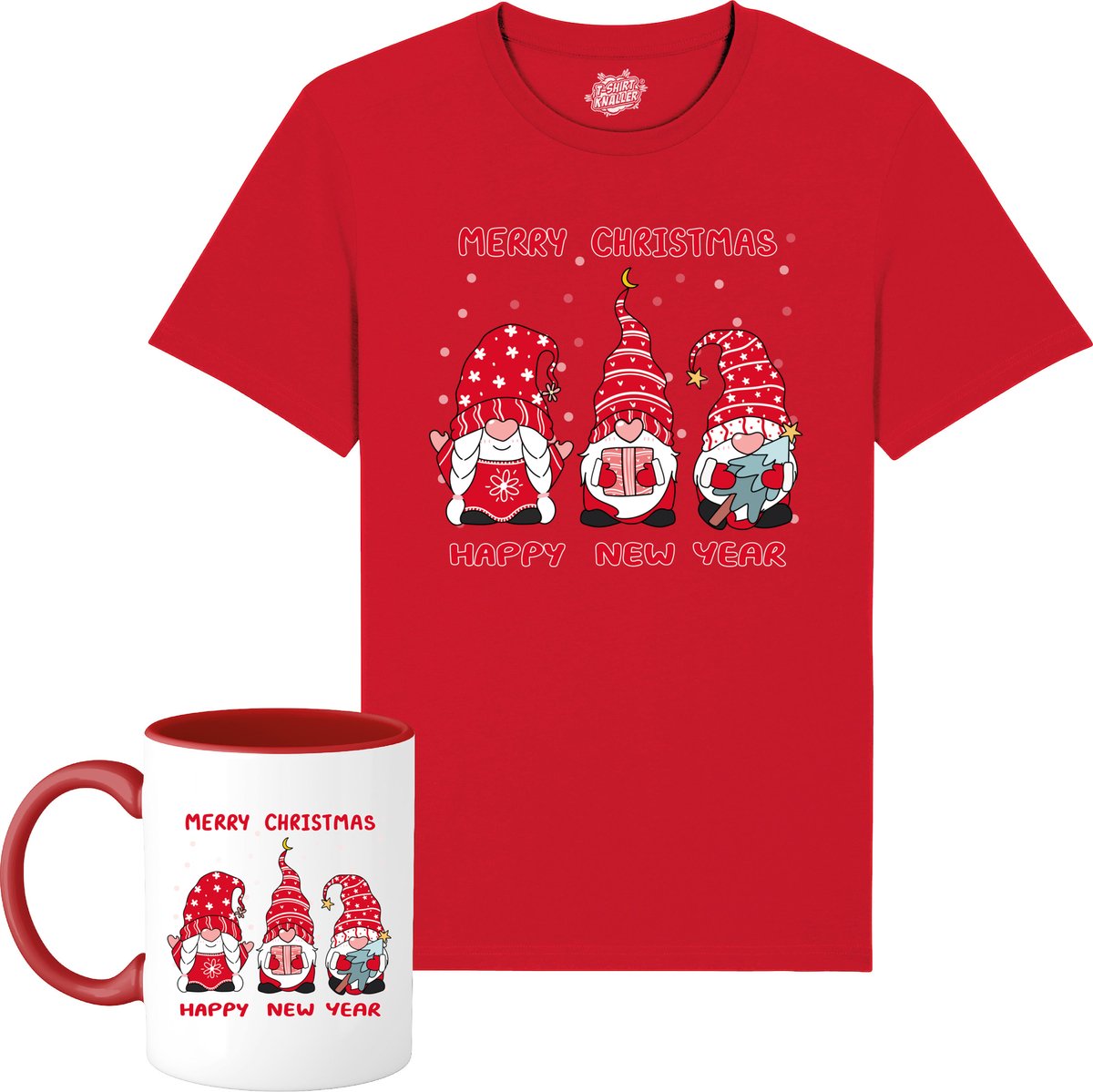 Christmas Gnomies - Foute kersttrui kerstcadeau - Dames / Heren / Unisex Kleding - Grappige Kerst Outfit - T-Shirt met mok - Unisex - Rood - Maat S