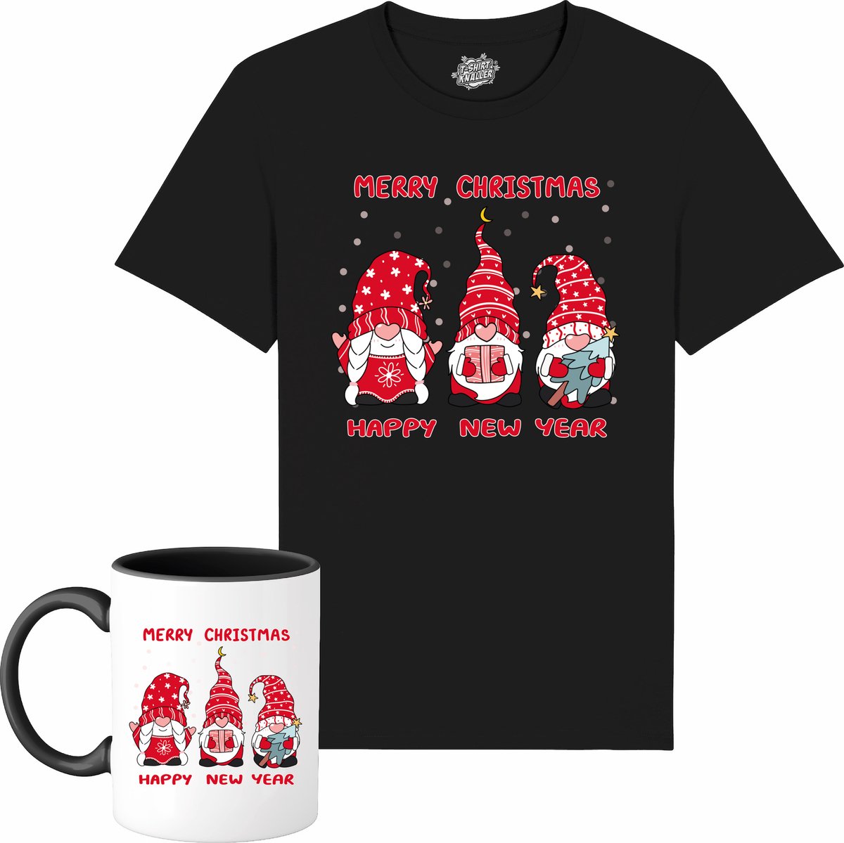 Christmas Gnomies - Foute kersttrui kerstcadeau - Dames / Heren / Unisex Kleding - Grappige Kerst Outfit - T-Shirt met mok - Unisex - Zwart - Maat XL