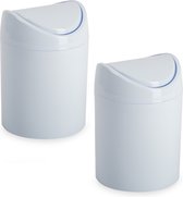 Plasticforte mini prullenbakje - 2x - wit - kunststof - klepdeksel - keuken/aanrecht - 12 x 17 cm