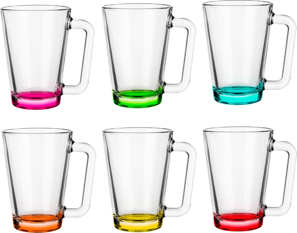 Glasmark Theeglazen/koffie glazen met gekleurde basis - transparant glas - 6x stuks - 250 ml