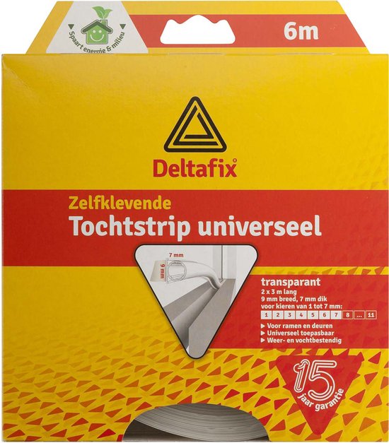 Zelfklevende tochtstrip, transparant, 6 meter lang, 9 mm breed en 7 mm dik. Geschikt voor kieren van 1 tot 7 mm.