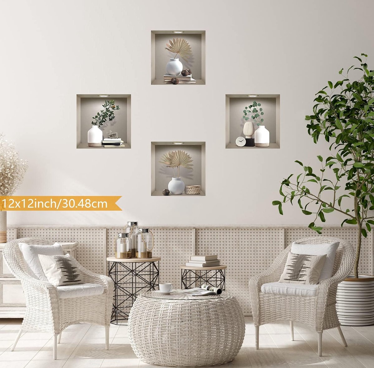 4 stuks 3D-vaas muurstickers, vazen muursticker voor woonkamer, groene