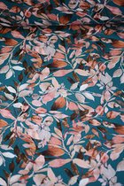 Tricot bleu pétrole à fleurs rose orange 1 mètre - tissus mode à coudre - tissus