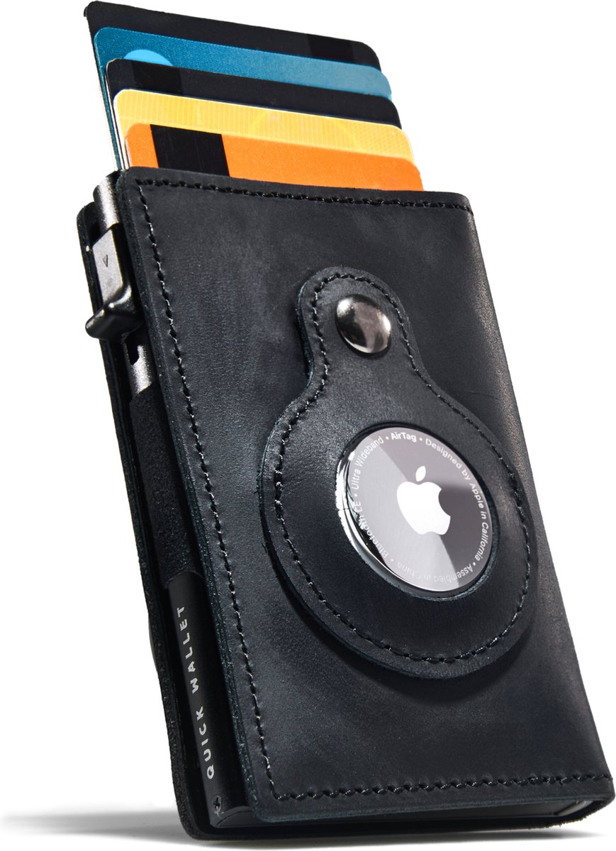 QuickWallet AirTag Pasjeshouder - Pasjeshouder Uitschuifbaar - Portemonnee Heren & Dames - Kaarthouder - Portefeuille - Hoge Kwaliteit - Echt Leer - Luxe Giftbox - Zwart