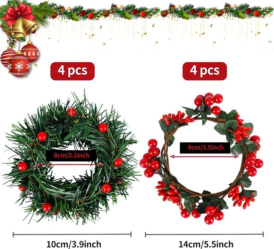 KAHEIGN 4 Stks Kerst Kaars Ringen, 20CM Kunstmatige Rode Bessen Krans Besneeuwde Dennen Naalden Kaars Houder voor Pijlers Rustieke Bruiloft Middenstuk Voordeur Kerst Tafel Party Decoratie