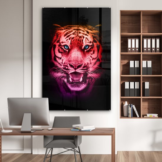 MuchoWow® Peinture sur verre 100x150 cm - Peinture sur verre acrylique - Tigre - Oranje - Rouge - Photo sur verre - Peintures
