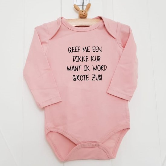 Foto: Baby rompertje geef me een dikke kus want ik word grote zus meisje zwangerschapsaankondiging lange mouw roze maat 74 80 zwangerschap aankondiging in wording bekendmaking