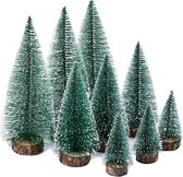9 stuks groene dennenboom, kunstkerstboom, miniatuur, mini-kerstboom, sneeuw, klein met houten sokkel, voor kerstdecoratie, tafeldecoratie, doe-het-zelf/etalage, 3 maten