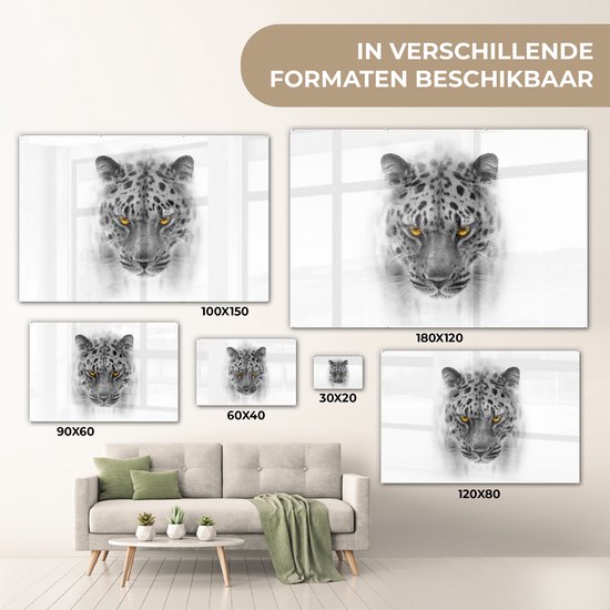 MuchoWow® Peinture sur verre 30x20 cm - Peinture sur verre acrylique - Léopard - Zwart - Wit - Tête - Photo sur verre - Peintures