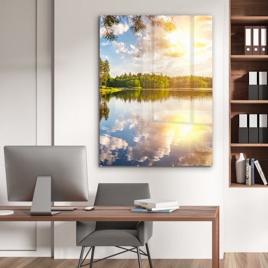 MuchoWow® Glasschilderij 90x120 cm - Schilderij acrylglas - Bomen - Water - Zon - Foto op glas - Schilderijen