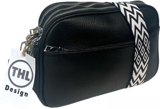 THL Design - Kleine Dames Schoudertas - Klein Tasje - 3 vakken - Bag Strap - Tassenriem zwart / wit - Zwart