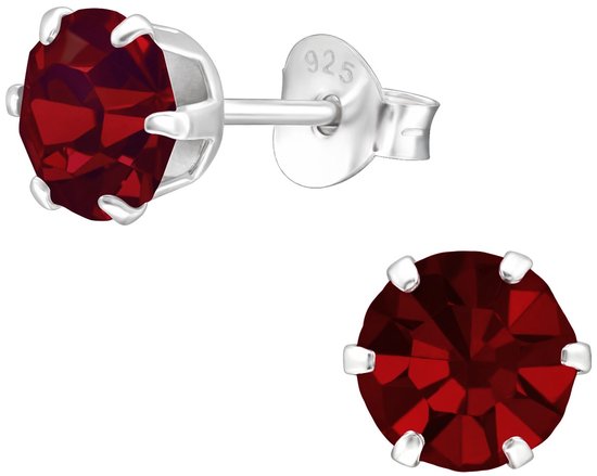 Joy|S - Zilveren oorknoppen - rond 6 mm - donker rood kristal - oorbellen