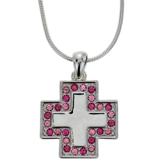 Behave Zilver-kleurige ketting met kruis met roze kristal steentjes