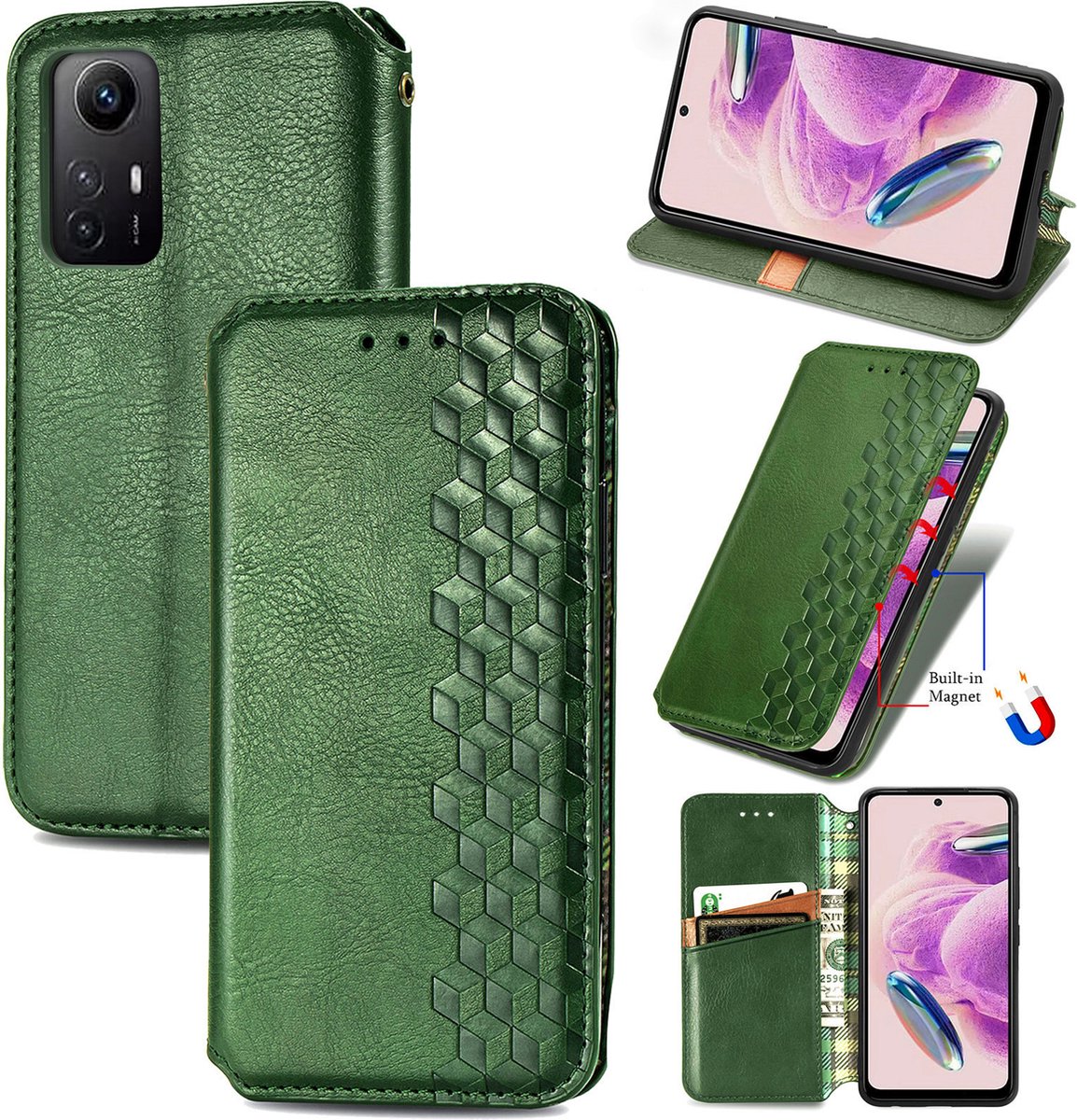 Luxe PU Lederen Ruitpatroon Wallet Case + PMMA Screenprotector voor Redmi Note 12S _ Groen
