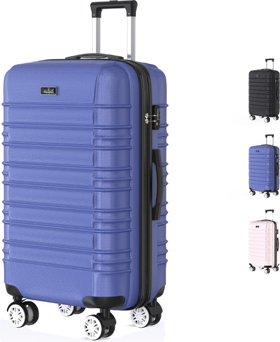 Voyagoux AVALON medium reiskoffer in blauw met horizontale ribbels, TSA-slot en vier wielen.