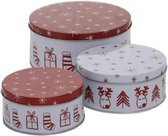 Set van 3 metalen koekjesdoos koekjes doos rond Kerstmis rendier rood wit gesorteerd H6-9cm