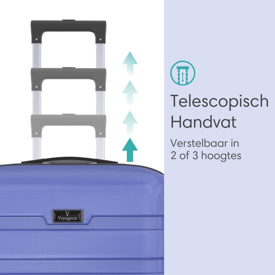 Close-up van het uitschuifbare handvat van de blauwe Voyageux reiskoffer, instelbaar in 2 of 3 hoogtes.