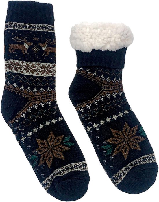 Merino Wollen Sokken Heren - Zwart met Rendier - maat 39/42 - Huissokken - Antislip sokken - Warme sokken - Winter sokken