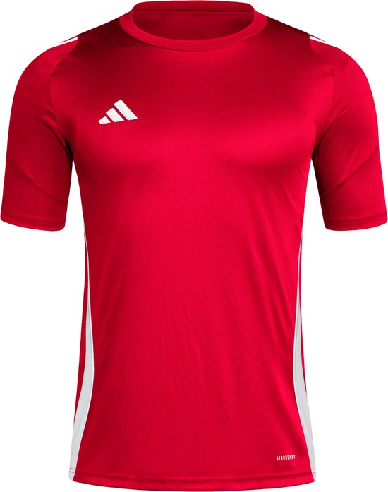 Rood adidas sportshirt met witte strepen op de schouders en witte zijkanten. AEROREADY logo op de zoom.