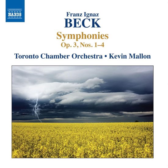 Een donkere, stormachtige lucht met bliksem boven een gele bloemenweide. Naxos CD van Beck's symfonieën.