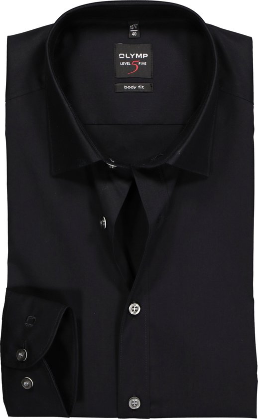 OLYMP Level 5 body fit overhemd - mouwlengte 7 - zwart - Strijkvriendelijk - Boordmaat:
