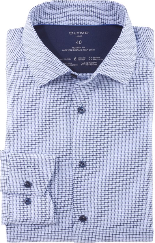 OLYMP Luxor 24/7 modern fit overhemd - Dynamic Flex - bleu dessin - Strijkvriendelijk - Boordmaat: 46