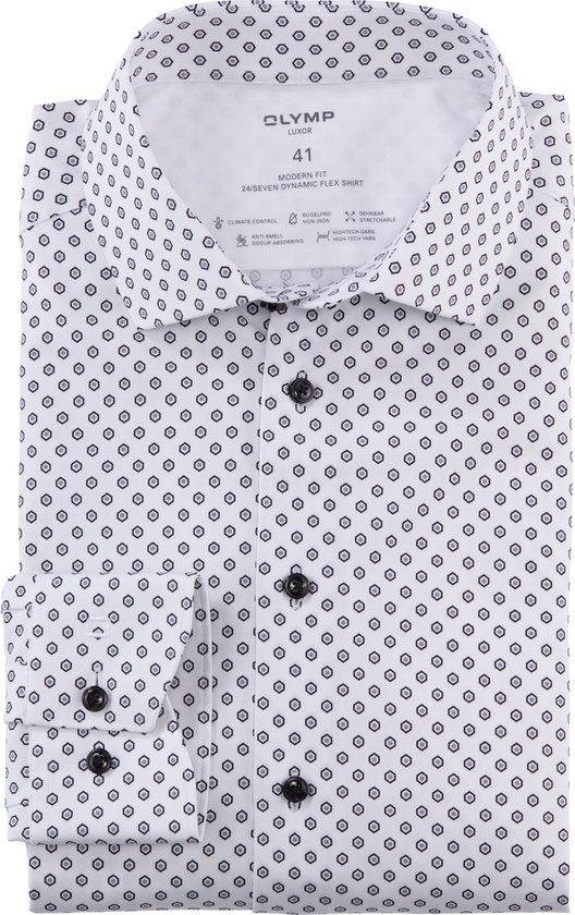 OLYMP Luxor 24/7 modern fit overhemd - structuur - wit dessin - Strijkvriendelijk - Boordmaat: 39