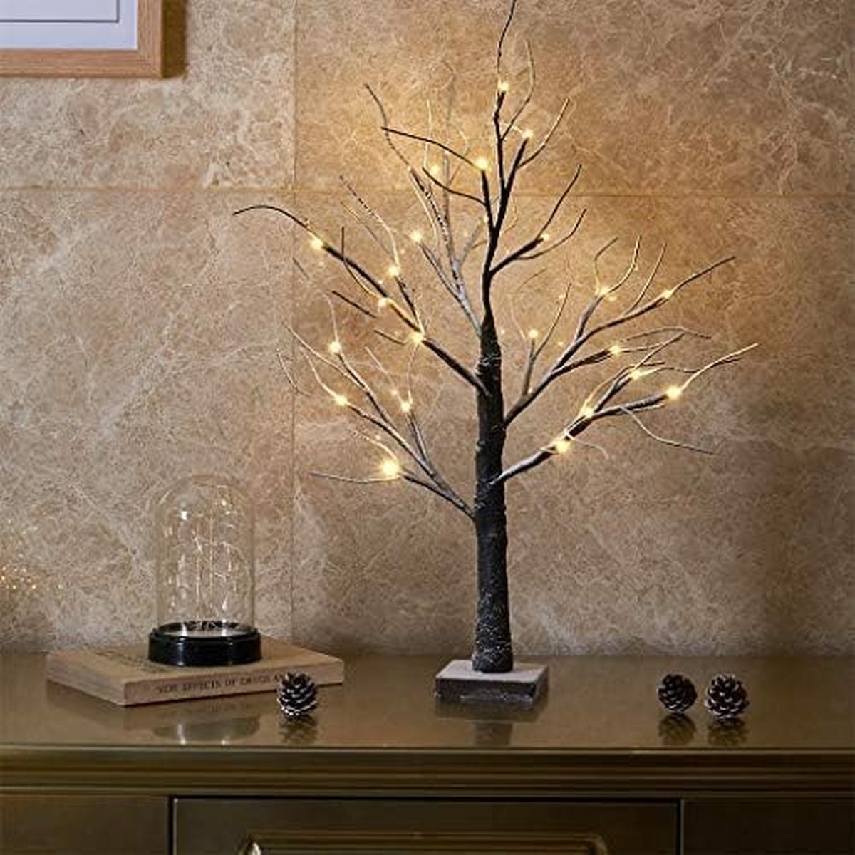 Led-lichtboom, 60 cm, lichttakken, 24 leds, lichttakken, binnen, sneeuwboom, werkt op batterijen, interieurdecoratie, warm wit, voor Kerstmis, Pasen, bruiloft, verjaardag