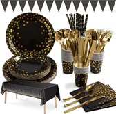 Elegant Feestservies Set - 202-Delige Zwart met Gouden Stippen - Papieren Borden, Bestek, Bekers en Meer - Voor 25 Gasten - Luxe Uitstraling voor Feesten en Evenementen